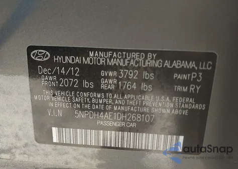 2013 Hyundai Elantra Limited from USA, damaged, VIN 5NPDH4AE1DH268107